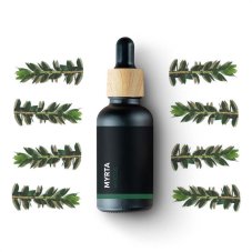 Black glass bottle with wooden stopper and dropper containing BIO myrtle essential oil, surrounded by green myrtle branches on white background