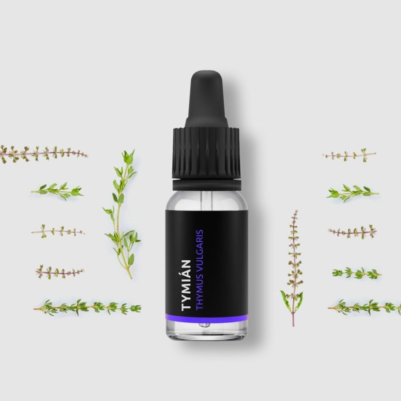 Black glass bottle with pipette containing BIO thyme essential oil surrounded by fresh green herb twigs on light background