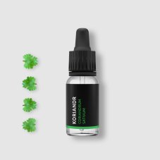 Schwarze Glasflasche mit Pipette, enthält BIO-Koriander-Öl, platziert auf weißem Hintergrund mit grünen Koriander-Blüten