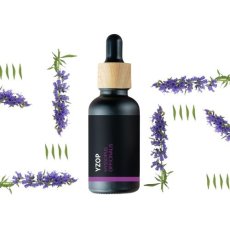 BIO Hyssop essential oil in black glass bottle with wooden pipette surrounded by purple hyssop branches on white background BIO Hyssop essential oil in black glass bottle with wooden pipette surrounded by purple hyssop branches on white background