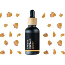 Schwarze Glasflasche mit Holzverschluss enthält BIO Weihrauch Frereana Öl, umgeben von goldbraunen Harzstücken auf weißem Hintergrund