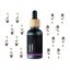 BIO Wild thyme essential oil in black glass bottle with wooden dropper, surrounded by purple thyme flower pattern on white background